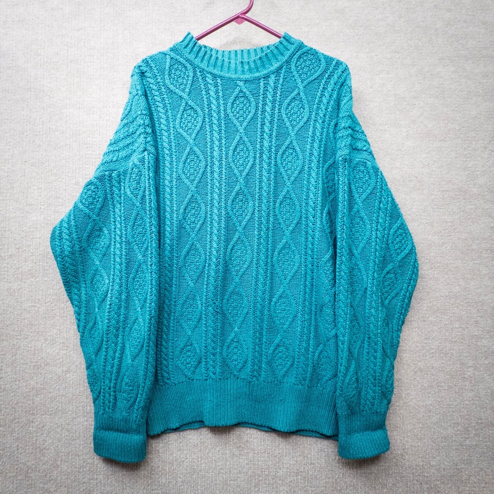 Structure Vintage 90s Teal 100% Silk Cable Knit Sweater Mens XL Slouchy Heavy